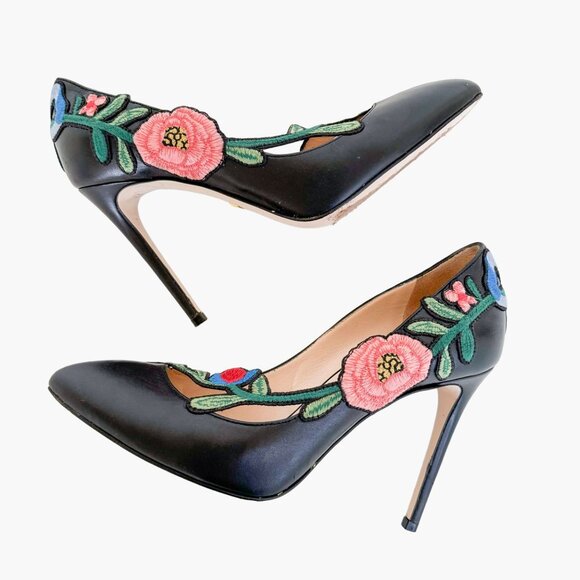 Gucci Ophelia Floral-Embroidered Pump EU 38 US 8 Black Leather High Heel Pointed - Picture 7 of 15